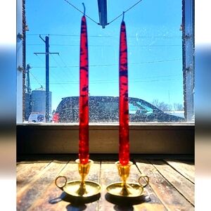 12" Mcm Red Lucite No Burn Gold Foil Flake Taper Candles
